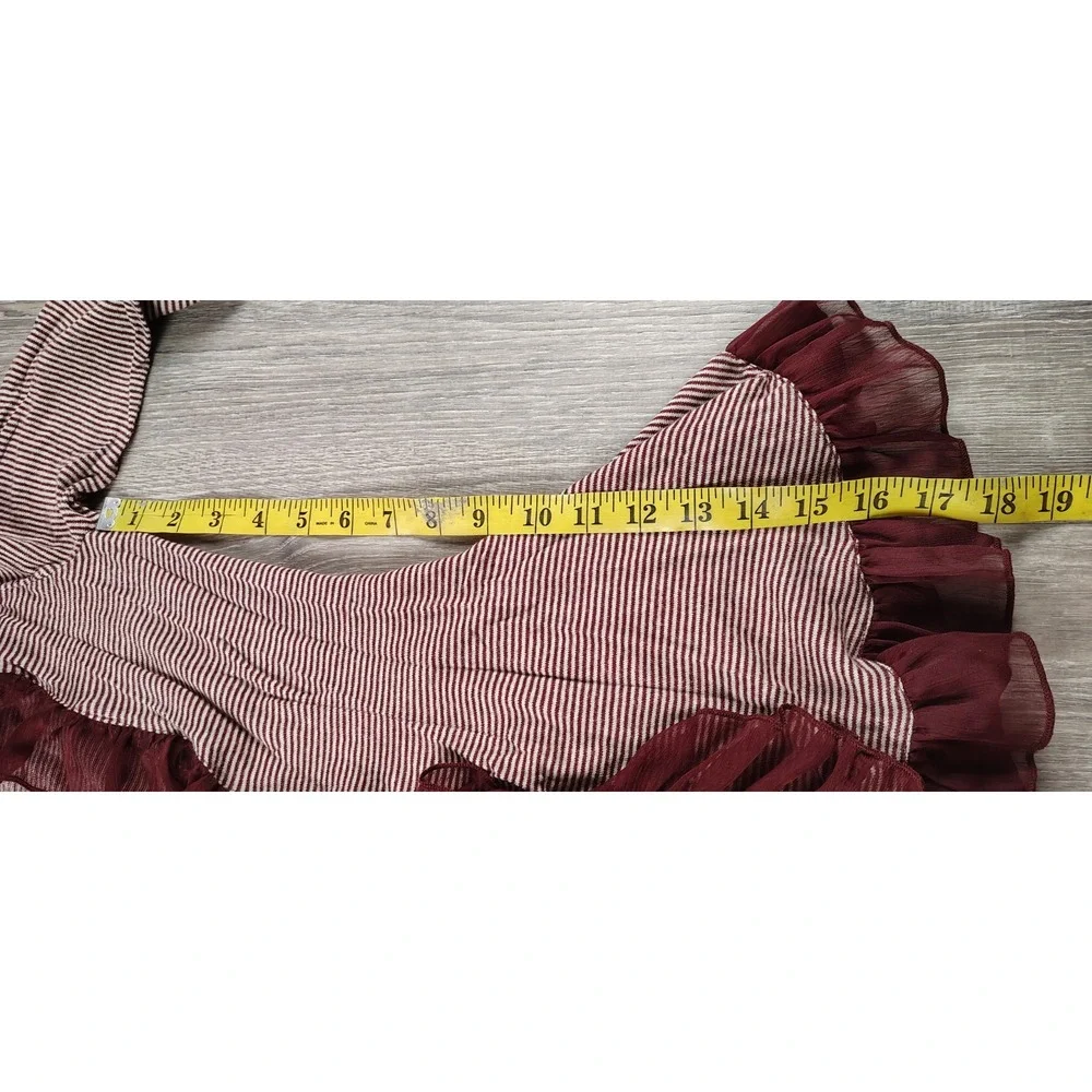 GUINEVERE XS‎ Anthropologie Cardigan Knit Top Ruffle Edge Burgundy Stripe Hook